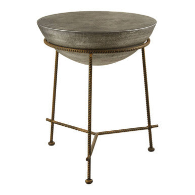 Silver Textured Concrete Bowl Top Side Table with Iron Three Leg Base, Compo