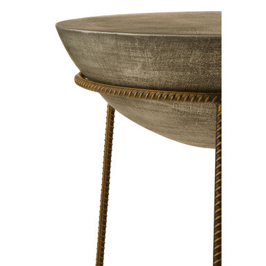 Silver Textured Concrete Bowl Top Side Table with Iron Three Leg Base, Compo