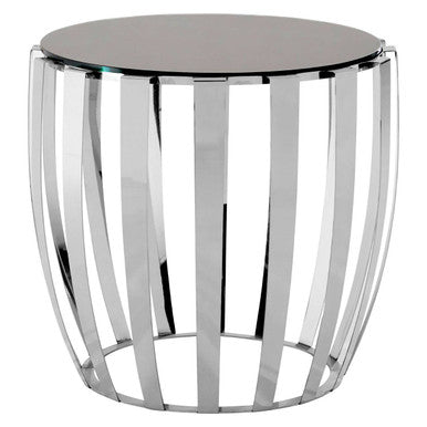 Black Tempered Glass Top Side Table with Curving Silver Stainless Steel Frame | Yasmin