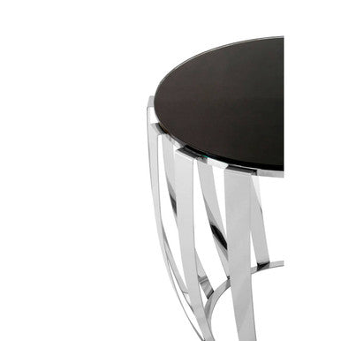 Black Tempered Glass Top Side Table with Curving Silver Stainless Steel Frame | Yasmin