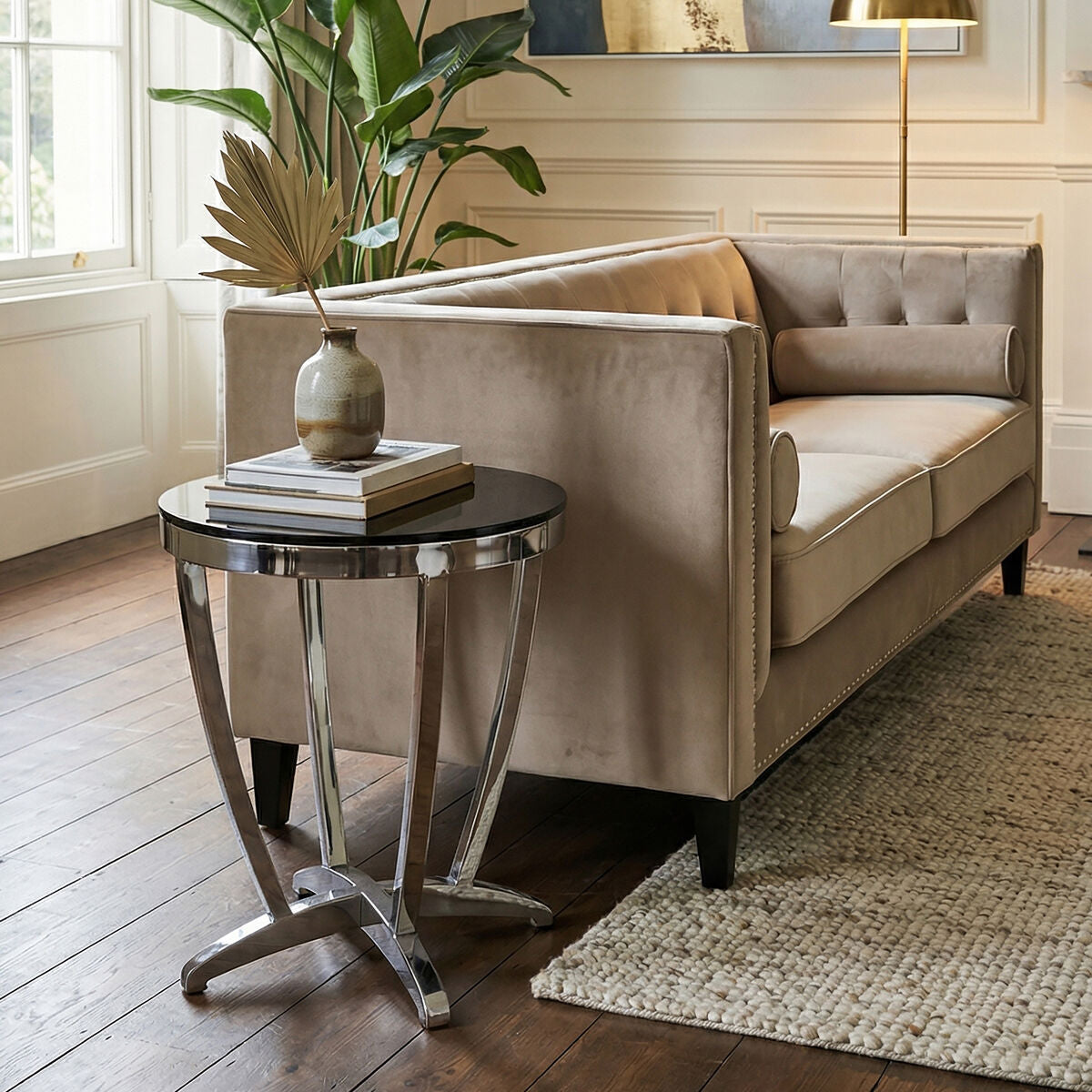 Yasmin Black Glass Side Table with Silver Finish Frame