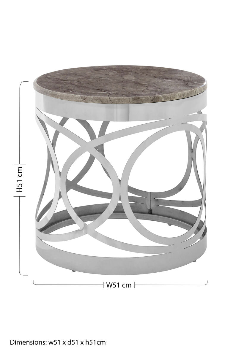White Marble Top Contemporary Side Table with Reflective Stainless Steel Base, Yasmin