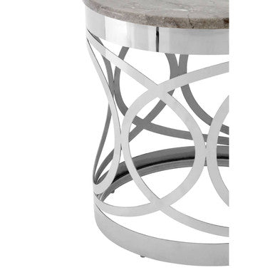 White Marble Top Contemporary Side Table with Reflective Stainless Steel Base, Yasmin