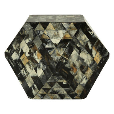Green and Cream Resin Tile Geometric Side Table with Hexagonal Design, Marlox