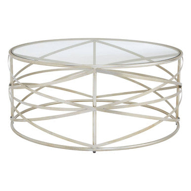 Silver Finish Distressed Iron Coffee Table with Clear Tempered Glass Top, Rubia