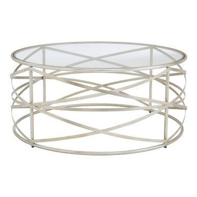 Silver Finish Distressed Iron Coffee Table with Clear Tempered Glass Top, Rubia