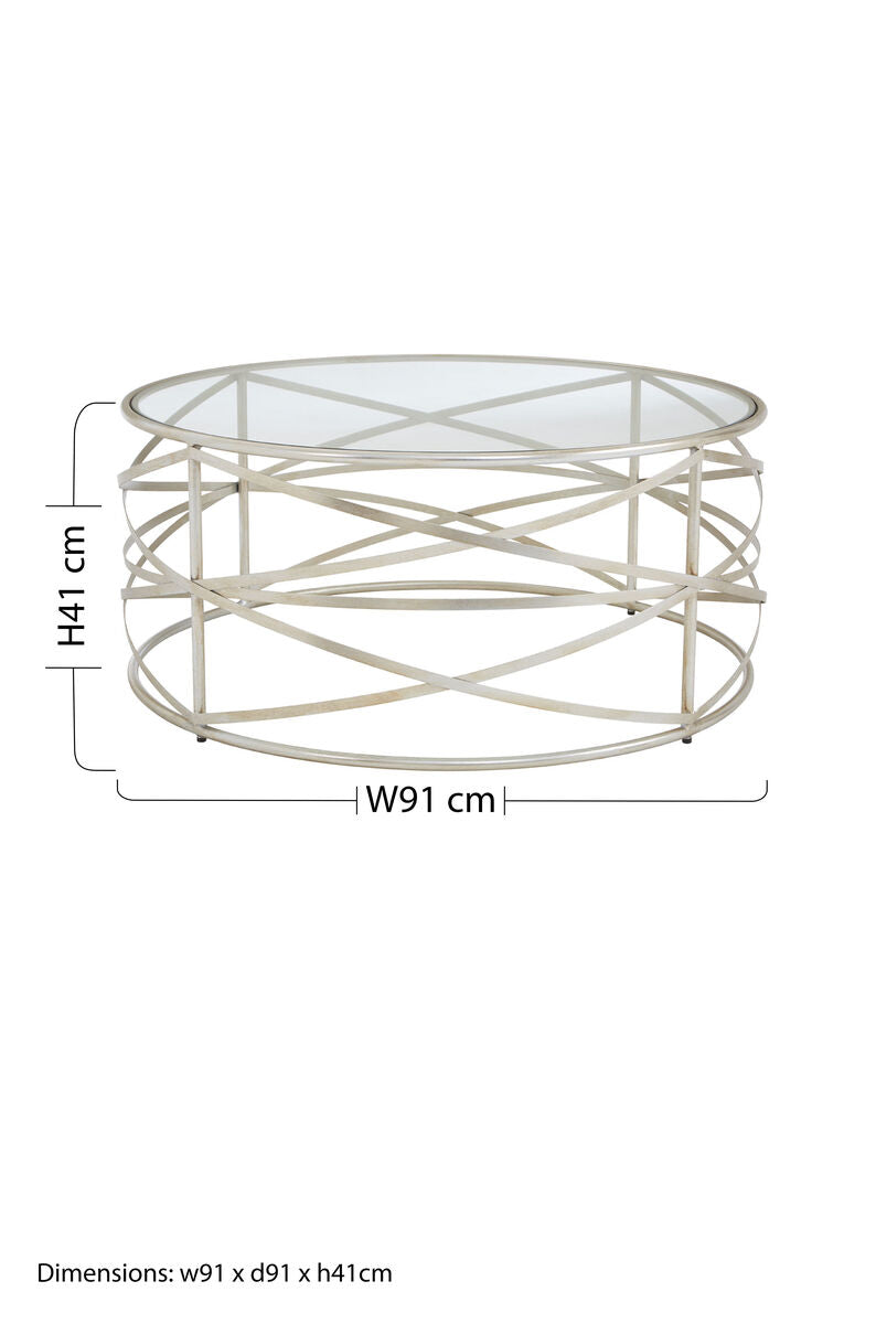 Silver Finish Distressed Iron Coffee Table with Clear Tempered Glass Top, Rubia