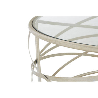 Silver Finish Distressed Iron Coffee Table with Clear Tempered Glass Top, Rubia