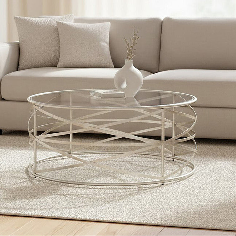 Silver Finish Distressed Iron Coffee Table with Clear Tempered Glass Top, Rubia