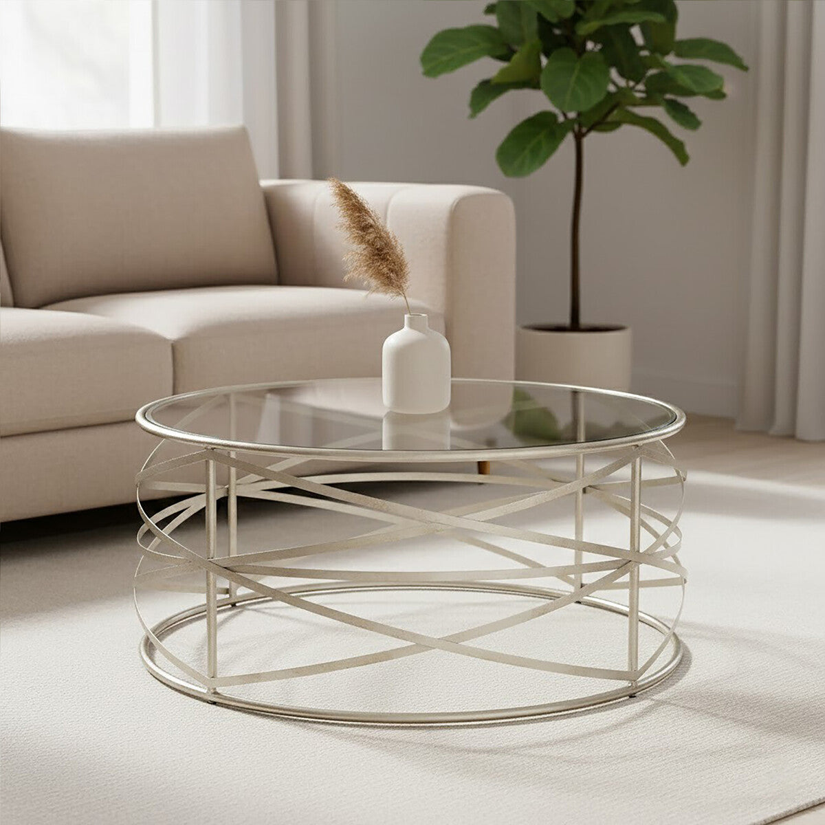 Silver Finish Distressed Iron Coffee Table with Clear Tempered Glass Top, Rubia