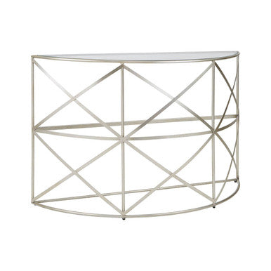 Silver Finish Iron Frame Demilune Console Table with Clear Glass Top, Rubia