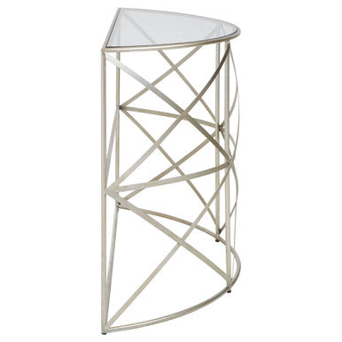 Silver Finish Iron Frame Demilune Console Table with Clear Glass Top, Rubia