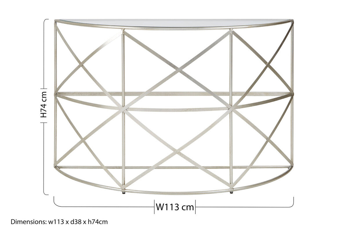 Silver Finish Iron Frame Demilune Console Table with Clear Glass Top, Rubia