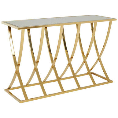 Gold Mirrored Top Console Table with Sweeping Stainless Steel Frame, Reena
