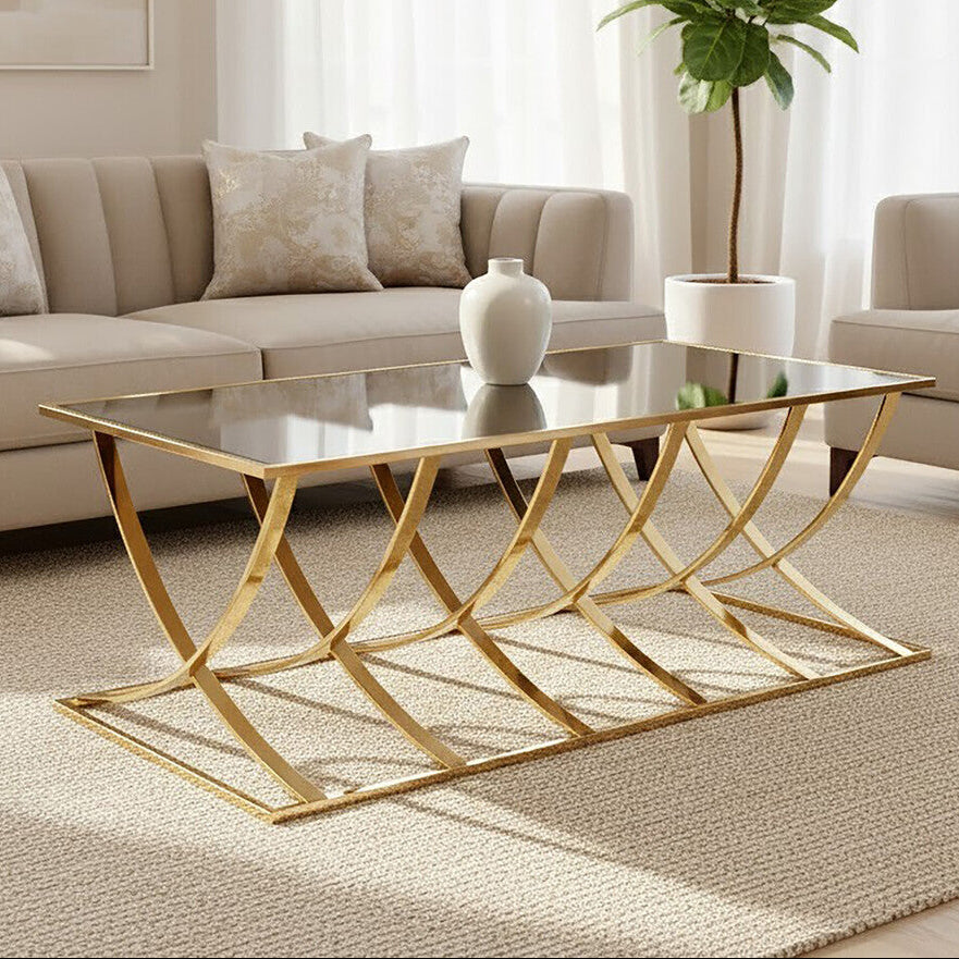 Mirrored Glass Top Coffee Table with Gold Finish Stainless Steel Frame, Reena