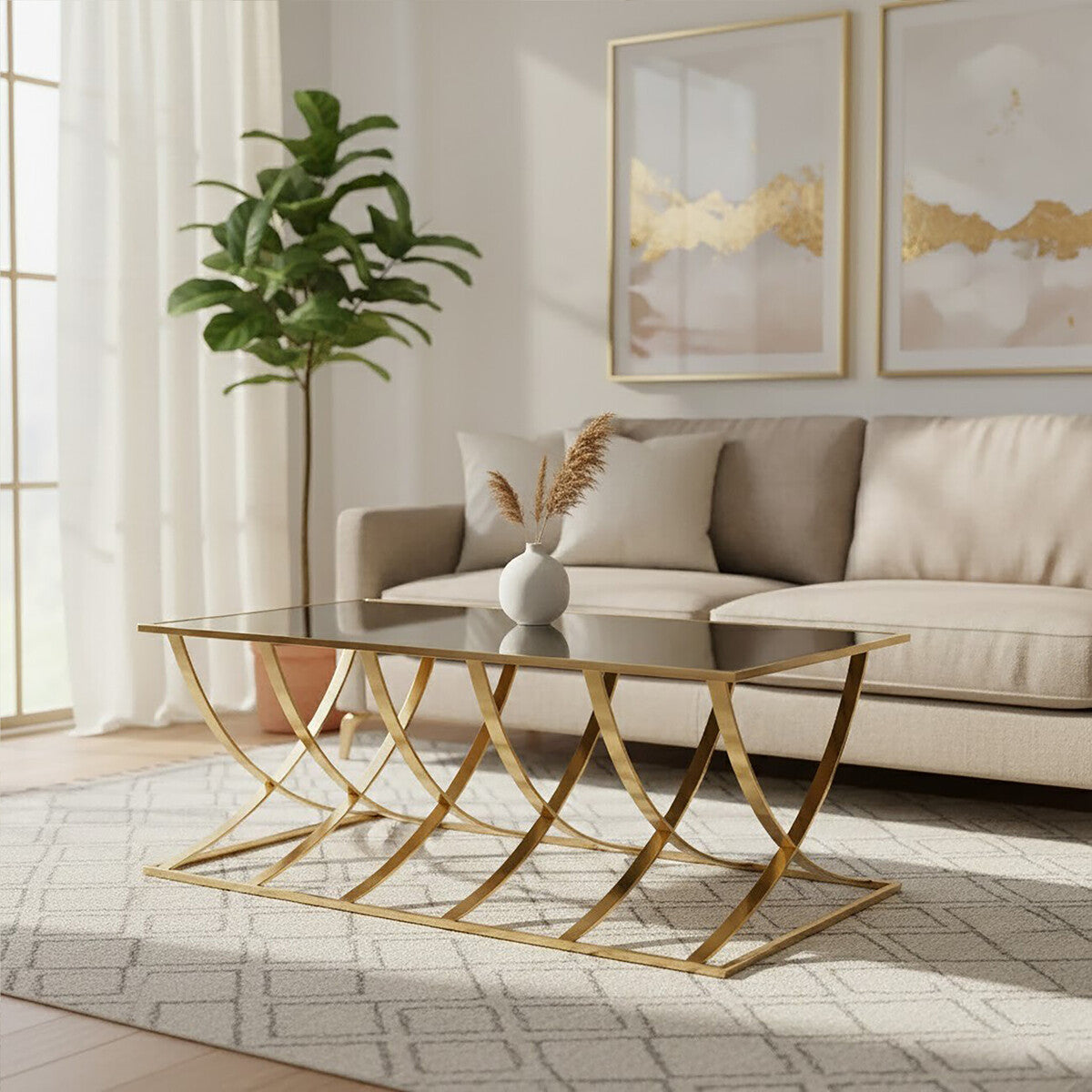 Mirrored Glass Top Coffee Table with Gold Finish Stainless Steel Frame, Reena