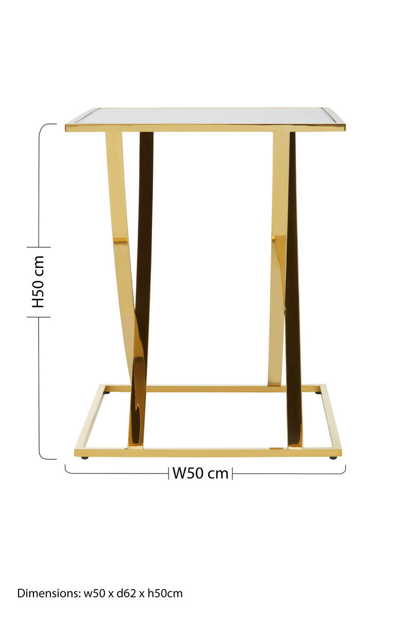 Gold Finish Stainless Steel Side Table with Mirrored Glass Top, Reena