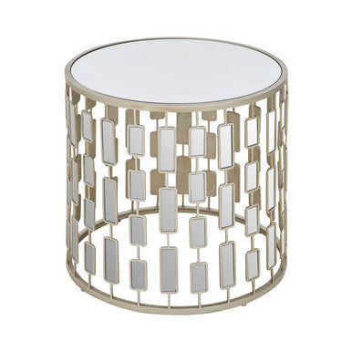Small Round Mirrored Glass Top Side Table with Champagne Silver Iron Frame, Raina