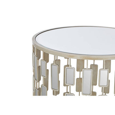 Small Round Mirrored Glass Top Side Table with Champagne Silver Iron Frame, Raina