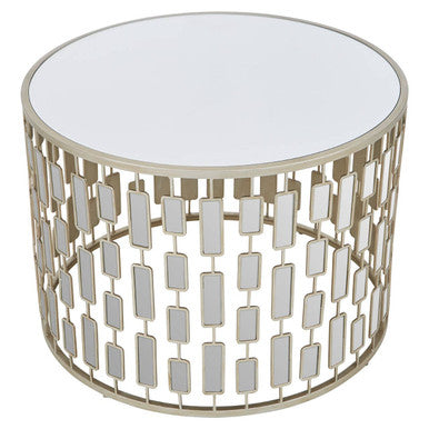 Large  Round Mirrored Glass Top Side Table with Champagne Silver Iron Frame, Raina