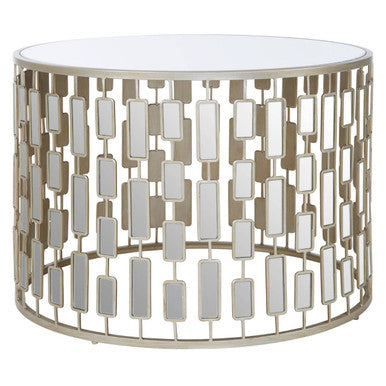 Large  Round Mirrored Glass Top Side Table with Champagne Silver Iron Frame, Raina