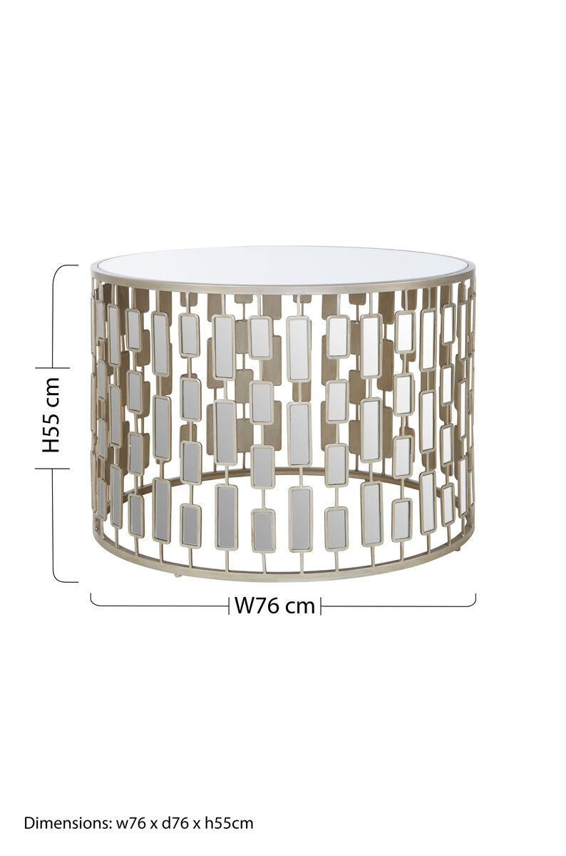 Large  Round Mirrored Glass Top Side Table with Champagne Silver Iron Frame, Raina