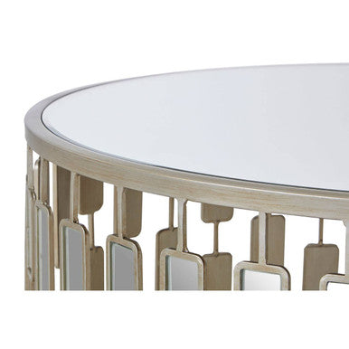 Large  Round Mirrored Glass Top Side Table with Champagne Silver Iron Frame, Raina