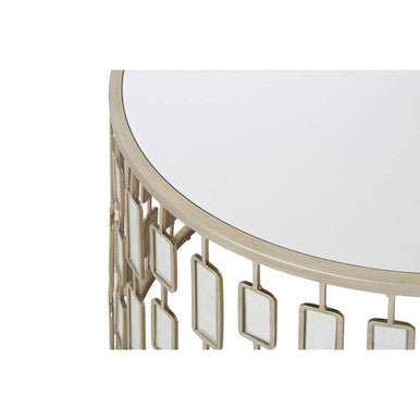 Large  Round Mirrored Glass Top Side Table with Champagne Silver Iron Frame, Raina