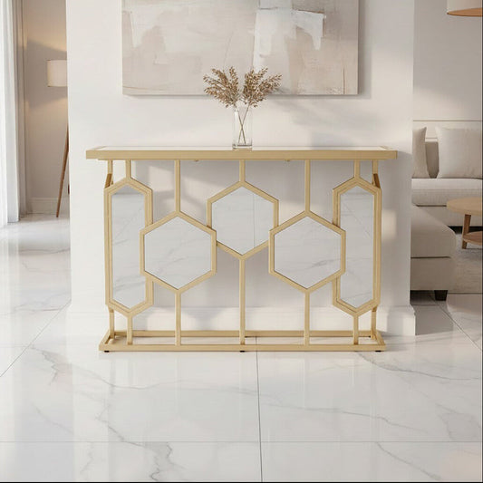 Gold Finish Iron Frame Console Table with Rectangular Mirrored Top, Rio