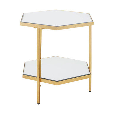 Gold Finish 2-Tier Side Table with Hexagonal Mirrored Glass Shelves, Rio