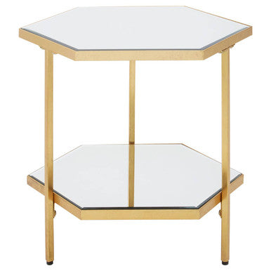 Gold Finish 2-Tier Side Table with Hexagonal Mirrored Glass Shelves, Rio