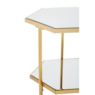 Gold Finish 2-Tier Side Table with Hexagonal Mirrored Glass Shelves, Rio