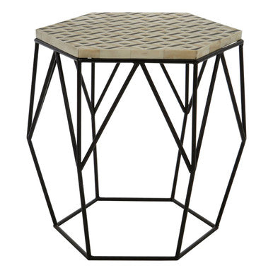 Black and White Resin Hexagon Side Table with Black Wireframe Base, Harlo