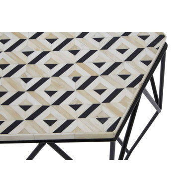 Black and White Resin Hexagon Side Table with Black Wireframe Base, Harlo