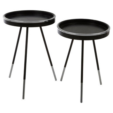 Black and Silver Set of 2 Side Tables with Raised Rim Tops and Silver Leg Tips, Halle