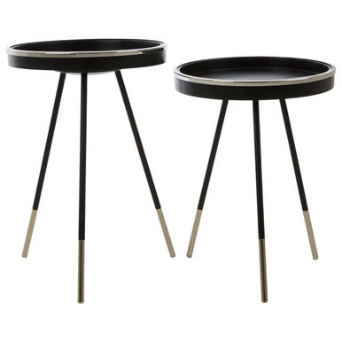 Black and Silver Set of 2 Side Tables with Raised Rim Tops and Silver Leg Tips, Halle