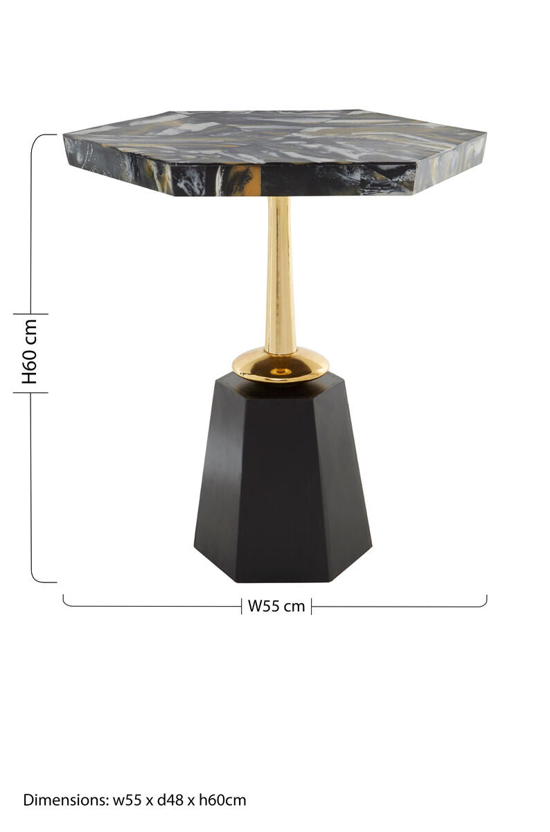 Assorted Horn Effect Hexagonal Top Side Table with Gold Pedestal and Black Base, Odell