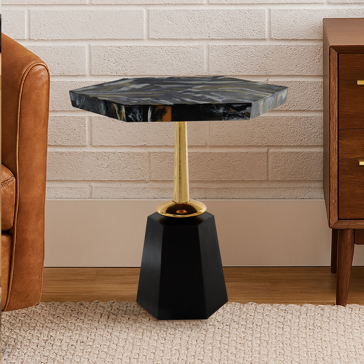 Assorted Horn Effect Hexagonal Top Side Table with Gold Pedestal and Black Base, Odell