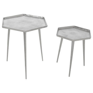 Silver Set of 2 Hexagonal Side Tables with Textured Tops and Splayed Legs, Halle