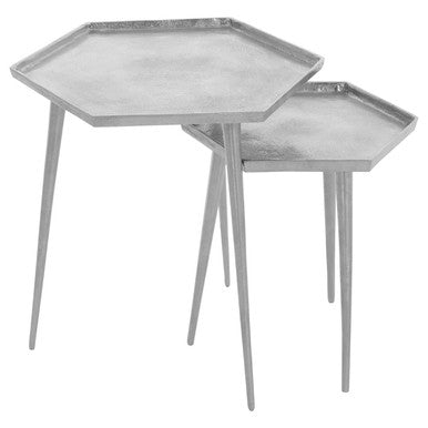 Silver Set of 2 Hexagonal Side Tables with Textured Tops and Splayed Legs, Halle