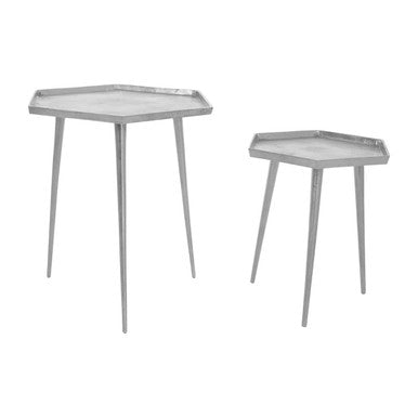 Silver Set of 2 Hexagonal Side Tables with Textured Tops and Splayed Legs, Halle