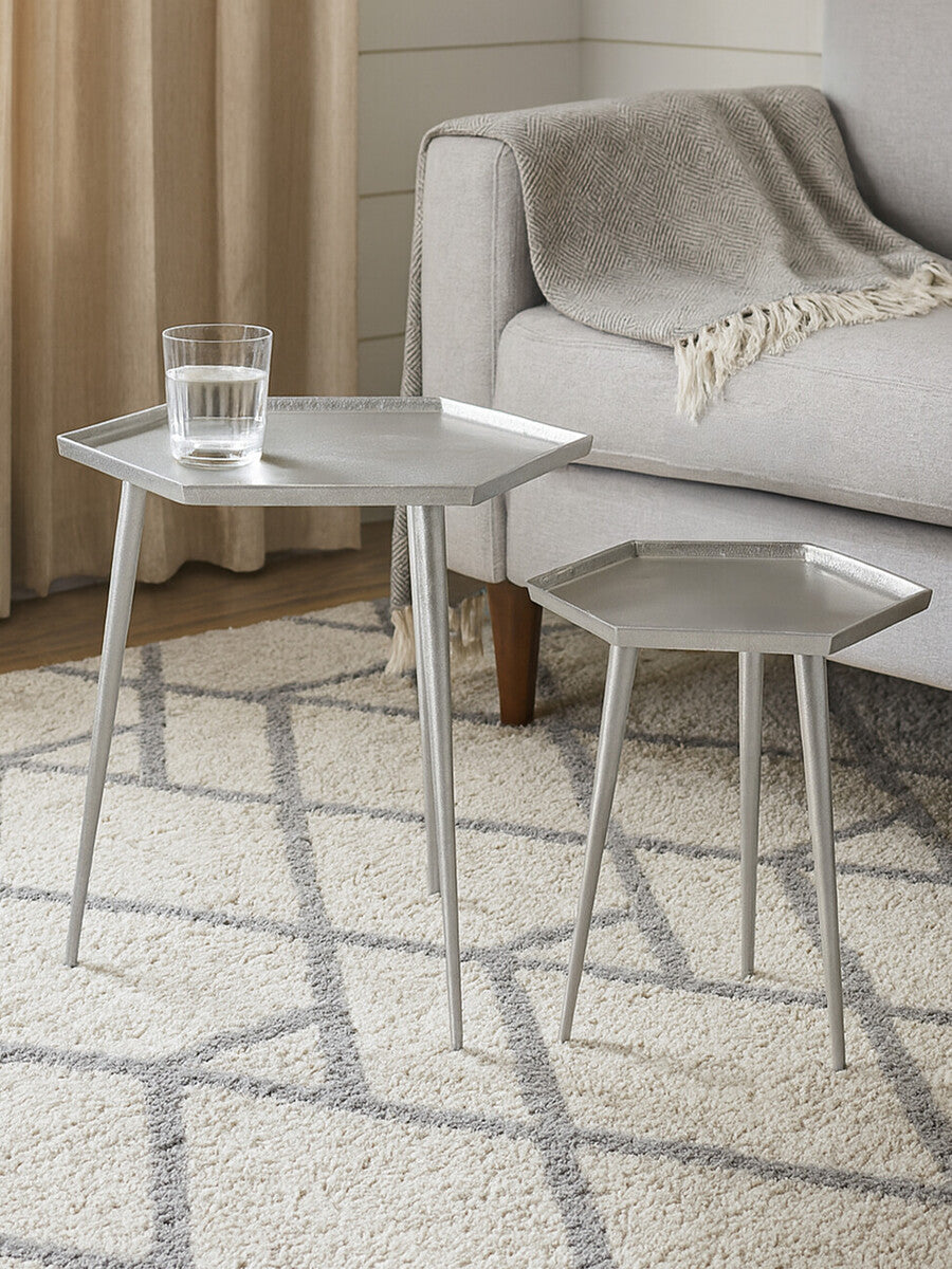 Silver Set of 2 Hexagonal Side Tables with Textured Tops and Splayed Legs, Halle