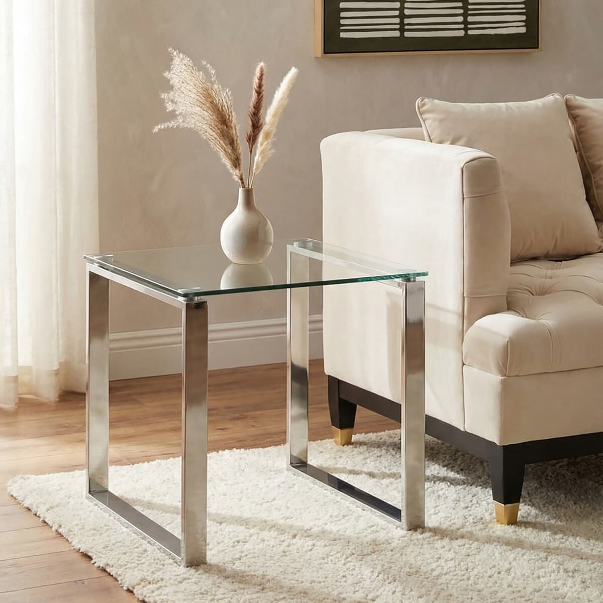 Allure Clear Glass Square Side Table with Silver Finish Base