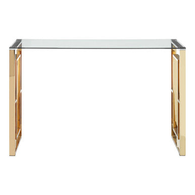 Gold Reflective Frame Console Table with Clear Tempered Glass Top, Allure