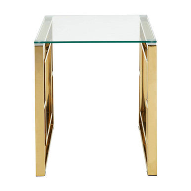 Gold Square Leg End Table with Clear Glass Top and Stainless Steel Frame, Allure