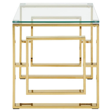 Gold Square Leg End Table with Clear Glass Top and Stainless Steel Frame, Allure