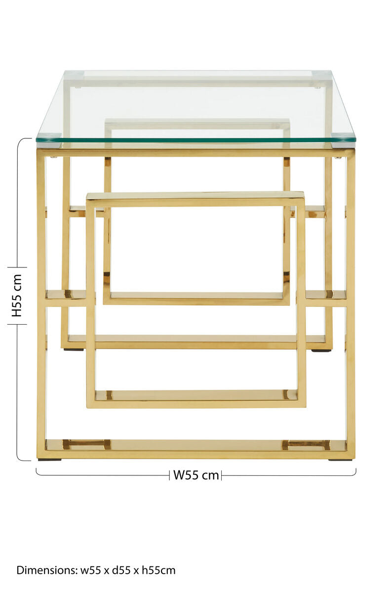 Gold Square Leg End Table with Clear Glass Top and Stainless Steel Frame, Allure