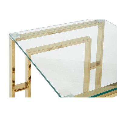 Gold Square Leg End Table with Clear Glass Top and Stainless Steel Frame, Allure