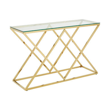 Gold Finish Console Table with Clear Glass Top and Inverted Triangle Base, Allure