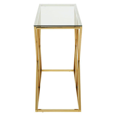 Gold Finish Console Table with Clear Glass Top and Inverted Triangle Base, Allure